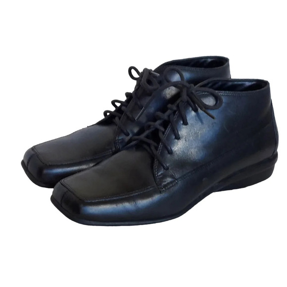 Vintage Y2K Geller II Black Leather Square Toe Lace Up Booties low‎ wedge - Picture 1 of 14